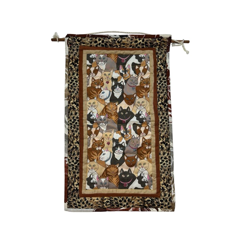 Vintage Cat Quilted Hanging Wall Art Animal Print 1999 Handmade